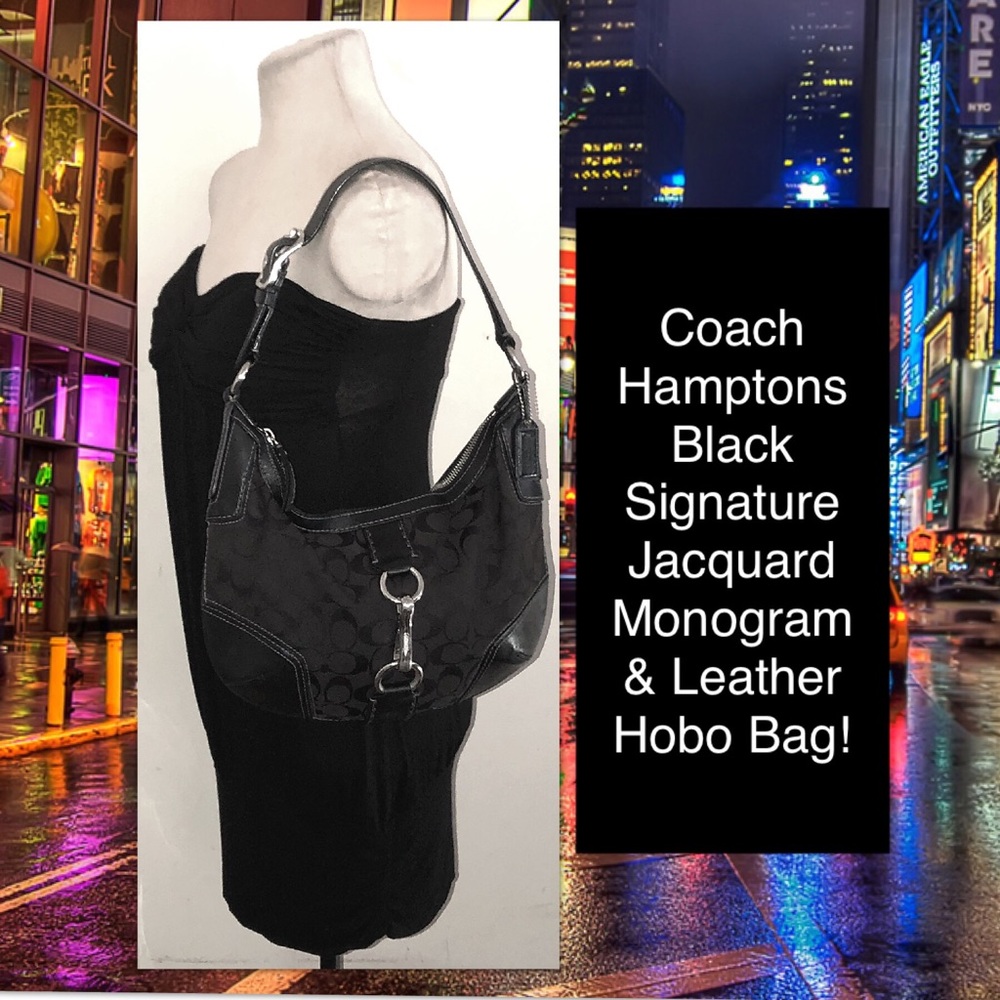 Coach Hamptons Black Signature Jacquard Hobo Bag!